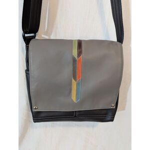 Queen Bee Creations Messenger Bag Gray Black Vegan Leather Geometric Stripe
